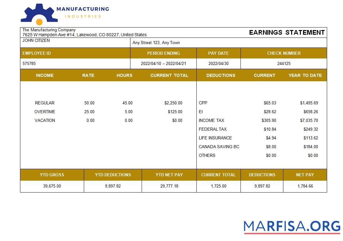Downloadable Manufacturing company payslip sample
